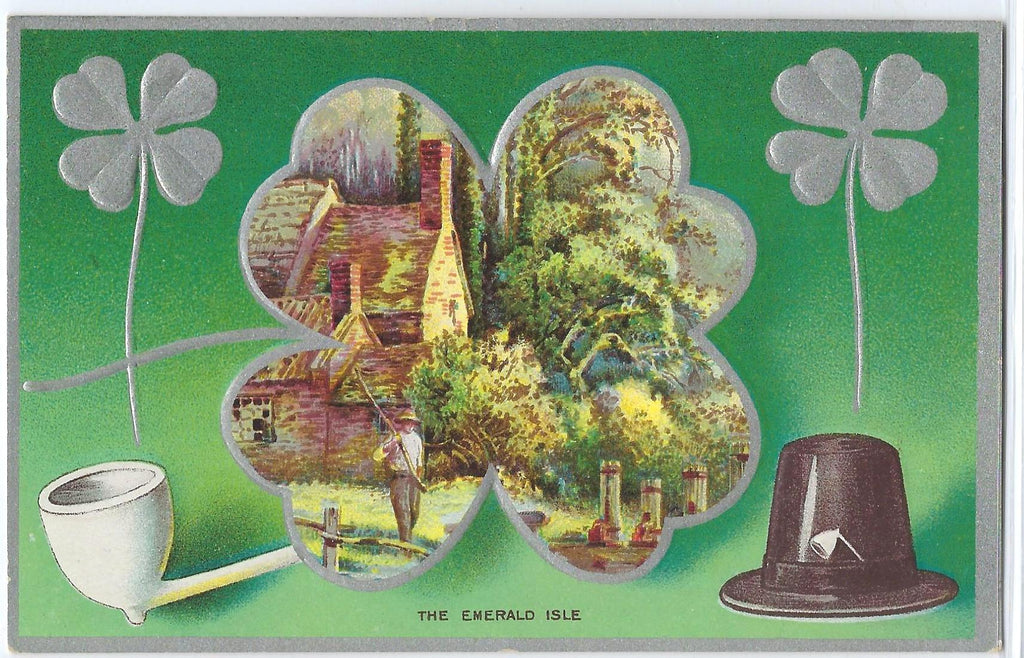 St Patrick's Day Postcard Silver Embossed Card The Emerald Isle Landscape Scene with Man Farming in Ireland Pipe & Shamrocks