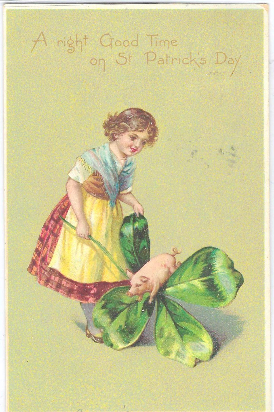 St Patrick's Day Postcard Young Girl Holding Giant Four Leaf Clover with Pig Raphael Tuck Publishing Embossed Early Undivided Back