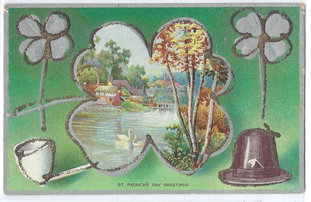 St Patrick's Day Postcard Silver Embossed Card Applied Glitter Landscape Scene with Pond in Ireland Pipe & Shamrocks