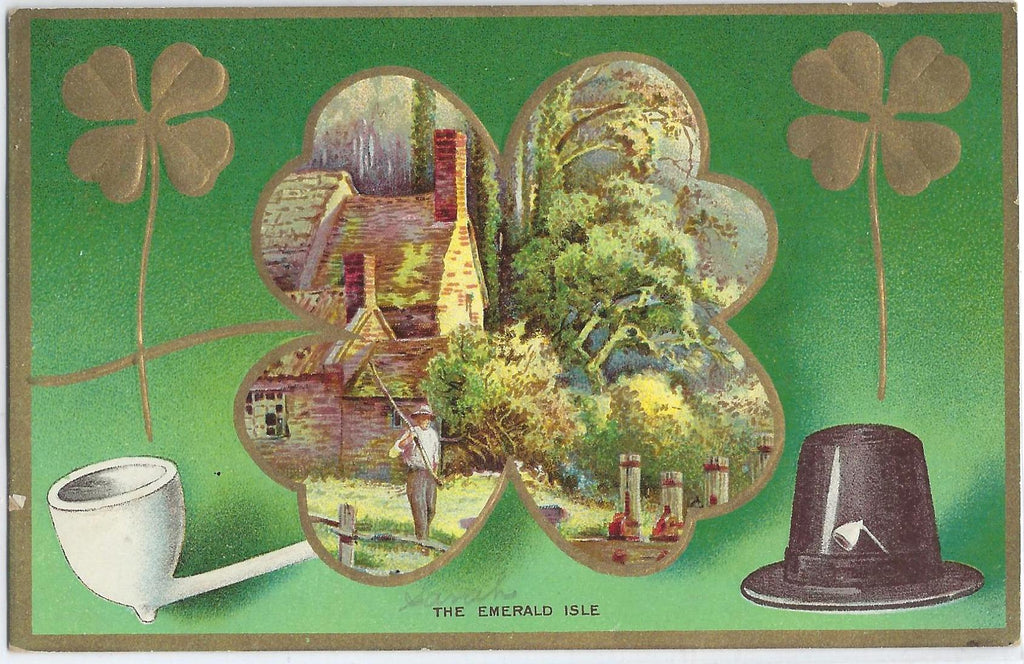 St Patrick's Day Postcard Gold Embossed Card The Emerald Isle Landscape Scene with Man Farming in Ireland Pipe & Shamrocks
