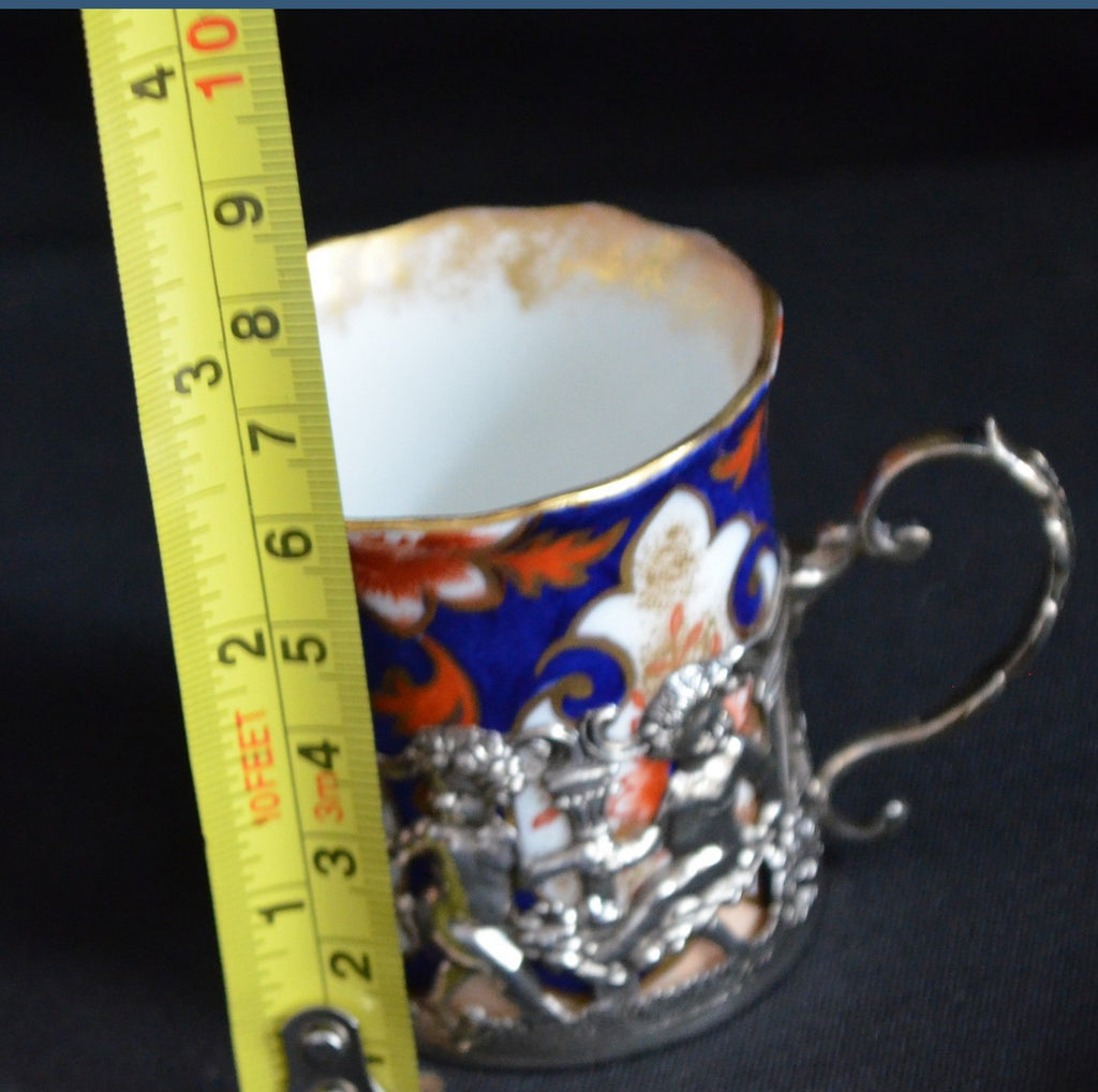 John Aynsley Imari Demitasse Cup Saucer Set Sterling Silver Can Cherub Design Antique English Porcelain