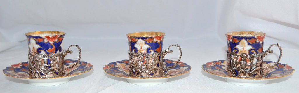 John Aynsley Imari Demitasse Cup Saucer Set Sterling Silver Can Cherub Design Antique English Porcelain