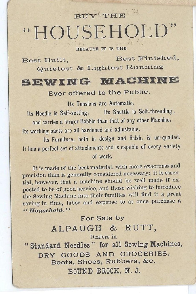 Advertising Trade Card Household Sewing Machines Alpaugh & Rutt Bound Brook NJ