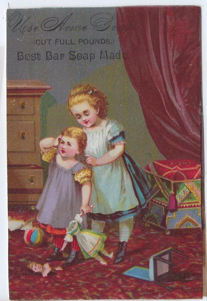 Victorian Trade Card Advertising Lautz Bros. Acme Soap Best Soap Made  Union NY Young Girl Helping Crying Child
