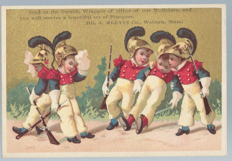 Advertising Trade Card Dr. J. Melvin's Vegetable Pills Weeks & Potter Woburn Mass. Small Children in Uniforms