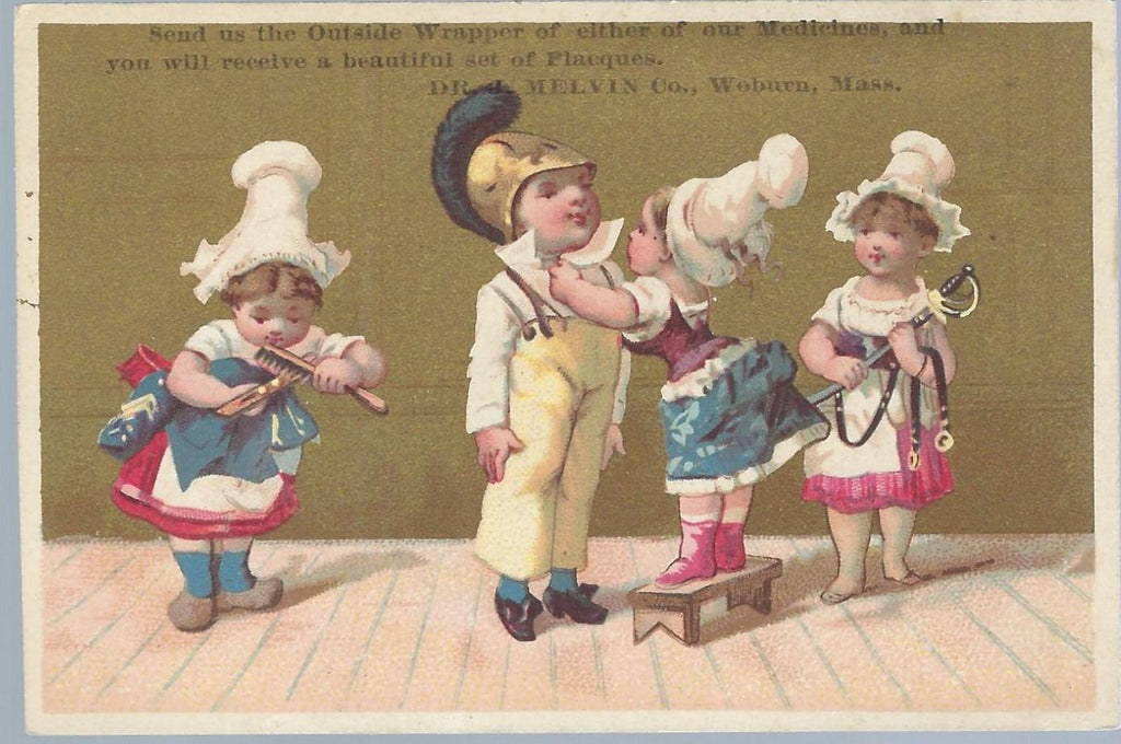 Advertising Trade Card Dr. J. Melvin's Vegetable Pills Weeks & Potter Woburn Mass. Little Girls Dressing Boy in His Uniform