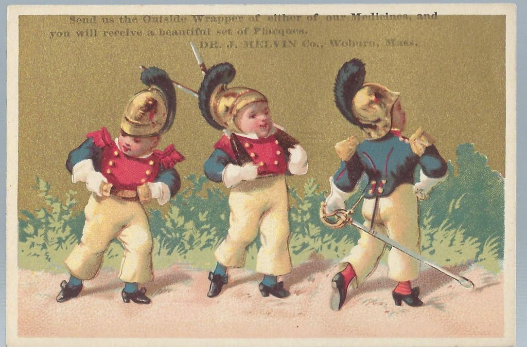 Advertising Trade Card Dr. J. Melvin's Vegetable Pills Weeks & Potter Woburn Mass. Three Small Children in Uniforms