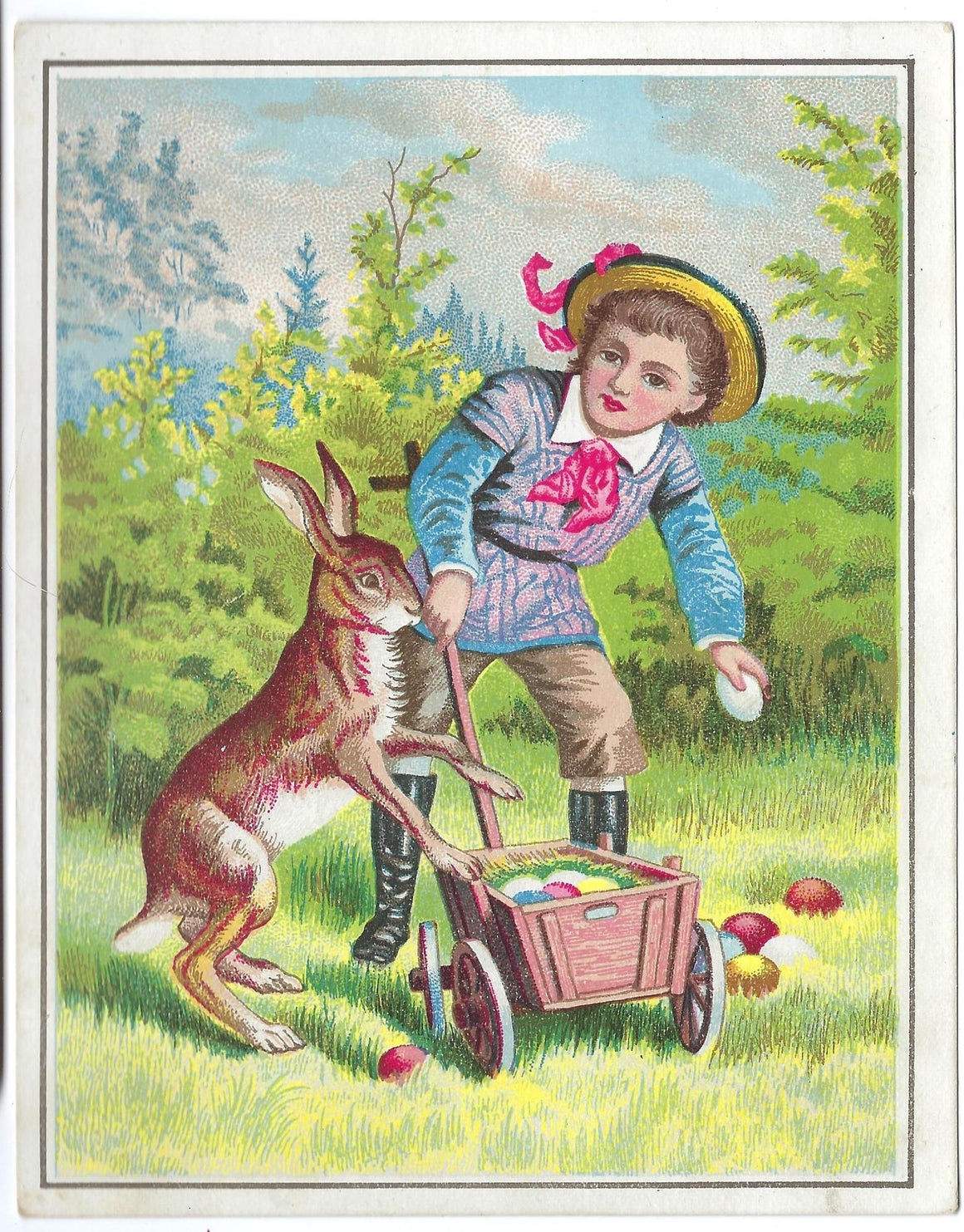 Vintage Easter Card Boy with Standing Bunny Rabbit & Wagon of Painted Eggs