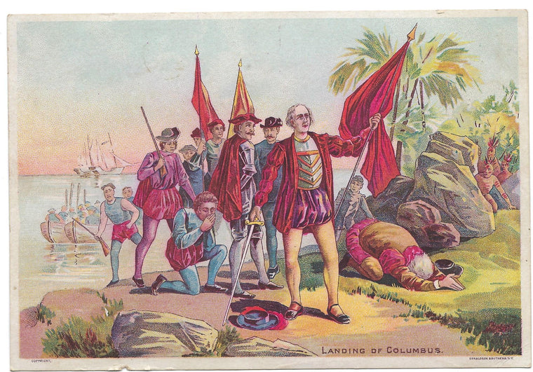 1890s Advertising Trade Card Landing of Christopher Columbus Card THOMSON & TAYLOR Gold Band COFFEE