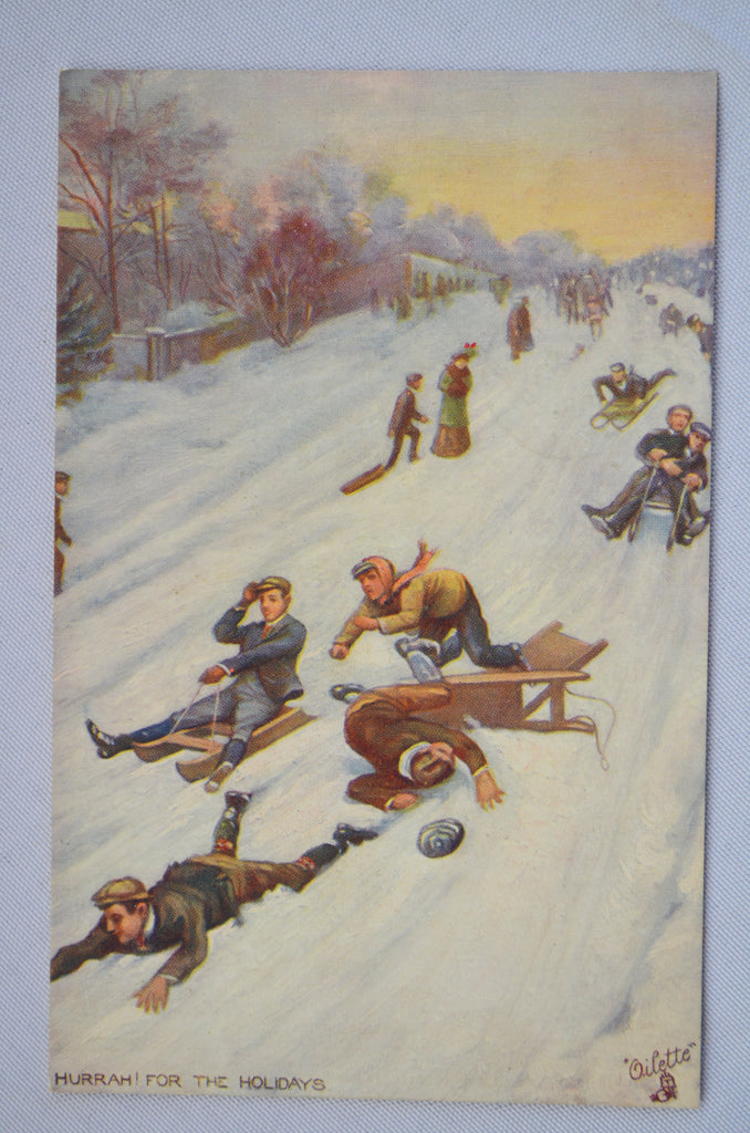 Christmas Postcard Humorous Tuck Oilette Series 9235 Misfortunes Card Humor of Life Sledding Children