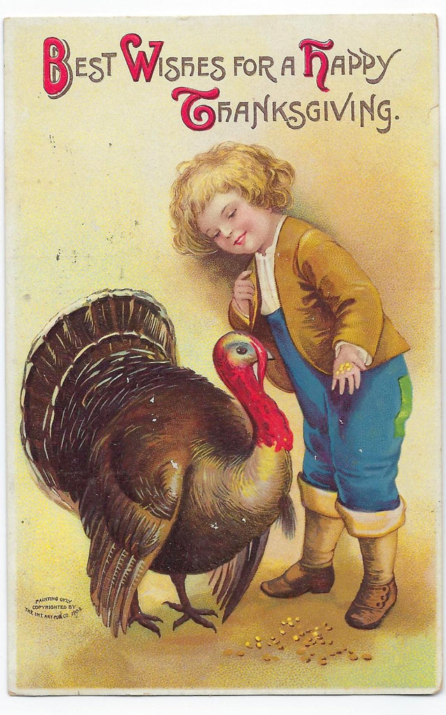 Thanksgiving Postcard Small Child with Turkey Embossed Series 51784 Artist Ellen Clapsaddle