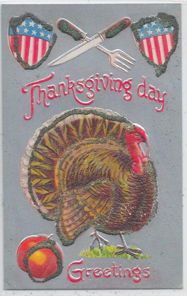 Thanksgiving Postcard Standing Turkey Applied Glitter American Flag Shield Silver Background