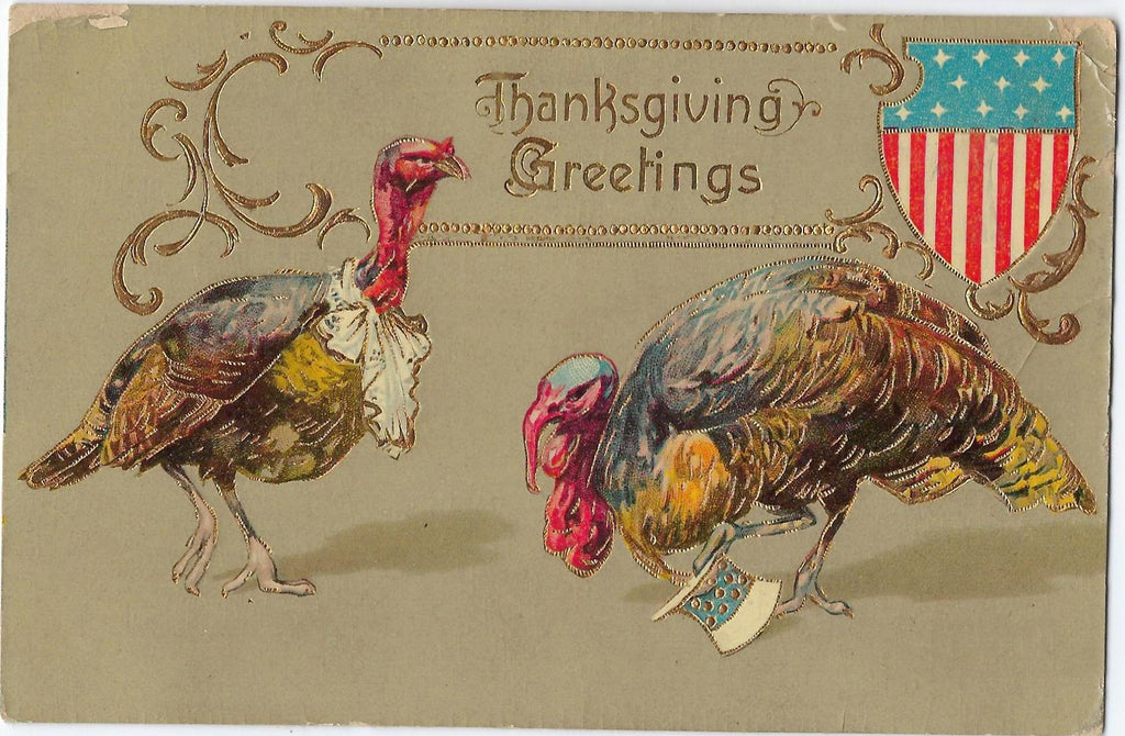 Thanksgiving Postcard Uncle Sam Turkey in Hat American Flag Shield Gold Embossed Gel Finish