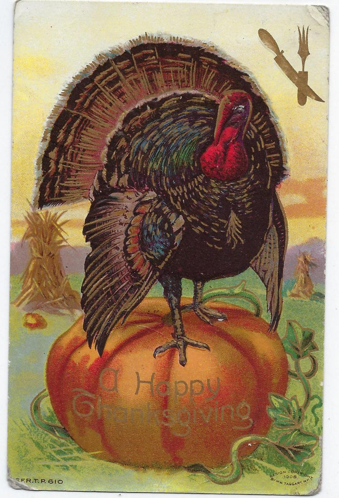 Thanksgiving Postcard Gold Embossed Turkey on Pumpkin Series 610