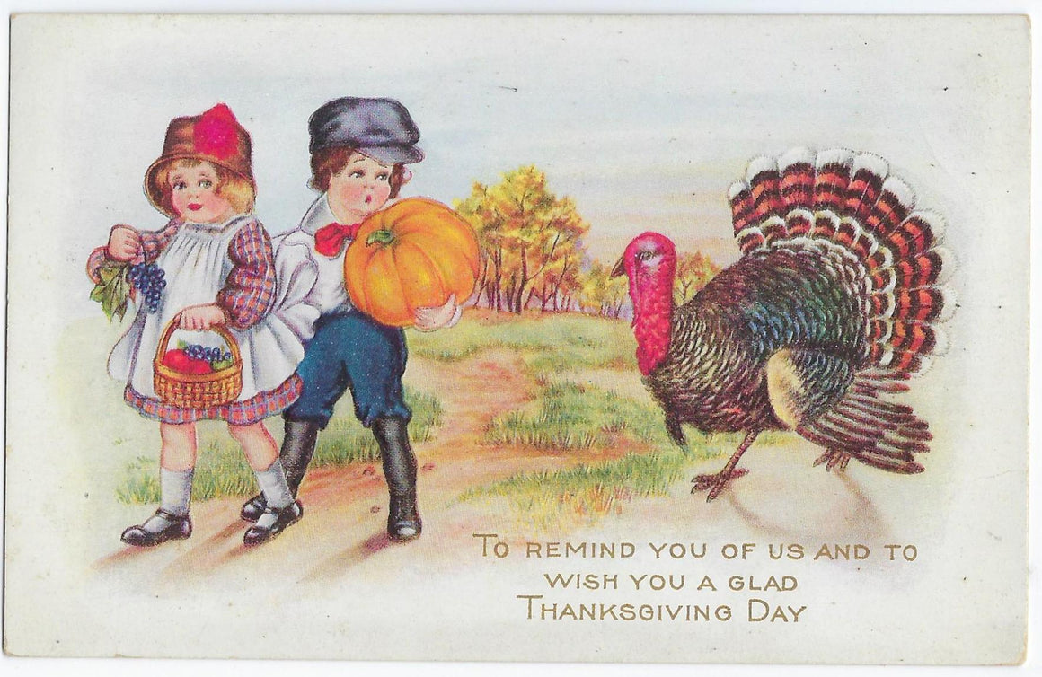 Thanksgiving Postcard Turkey Chasing Children Holding Pumpkin Whitney Publishing