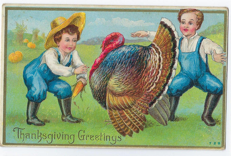 Thanksgiving Postcard Embossed Card Boys Teasing Turkey Gobbler with Corn Series 728