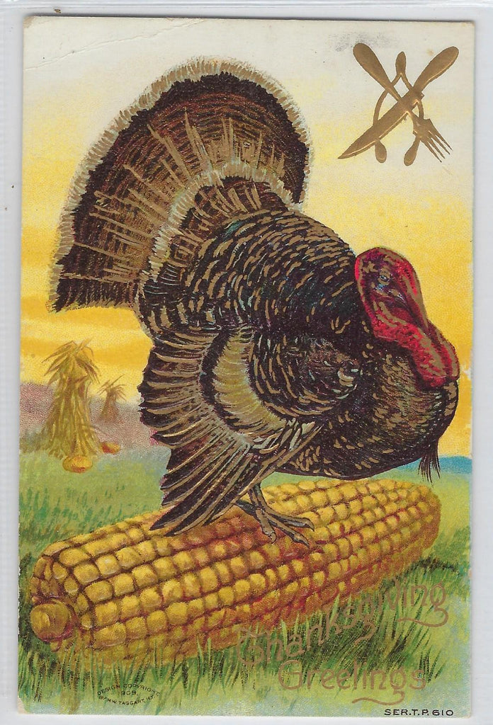 Thanksgiving Postcard Gold Embossed Turkey on Corn on Cob Series 610