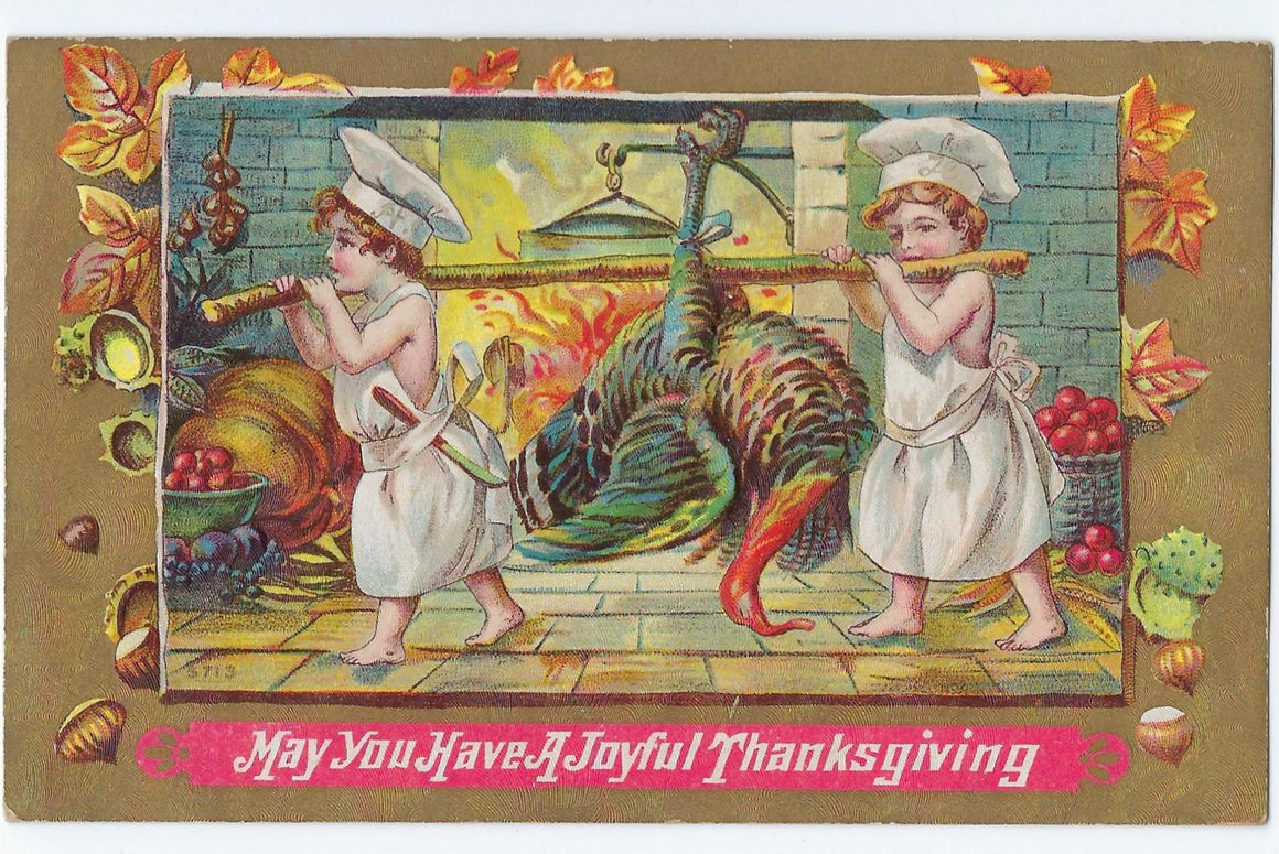 Thanksgiving Postcard Butcher Boys Hauling Turkey Autumn Harvest Series 713