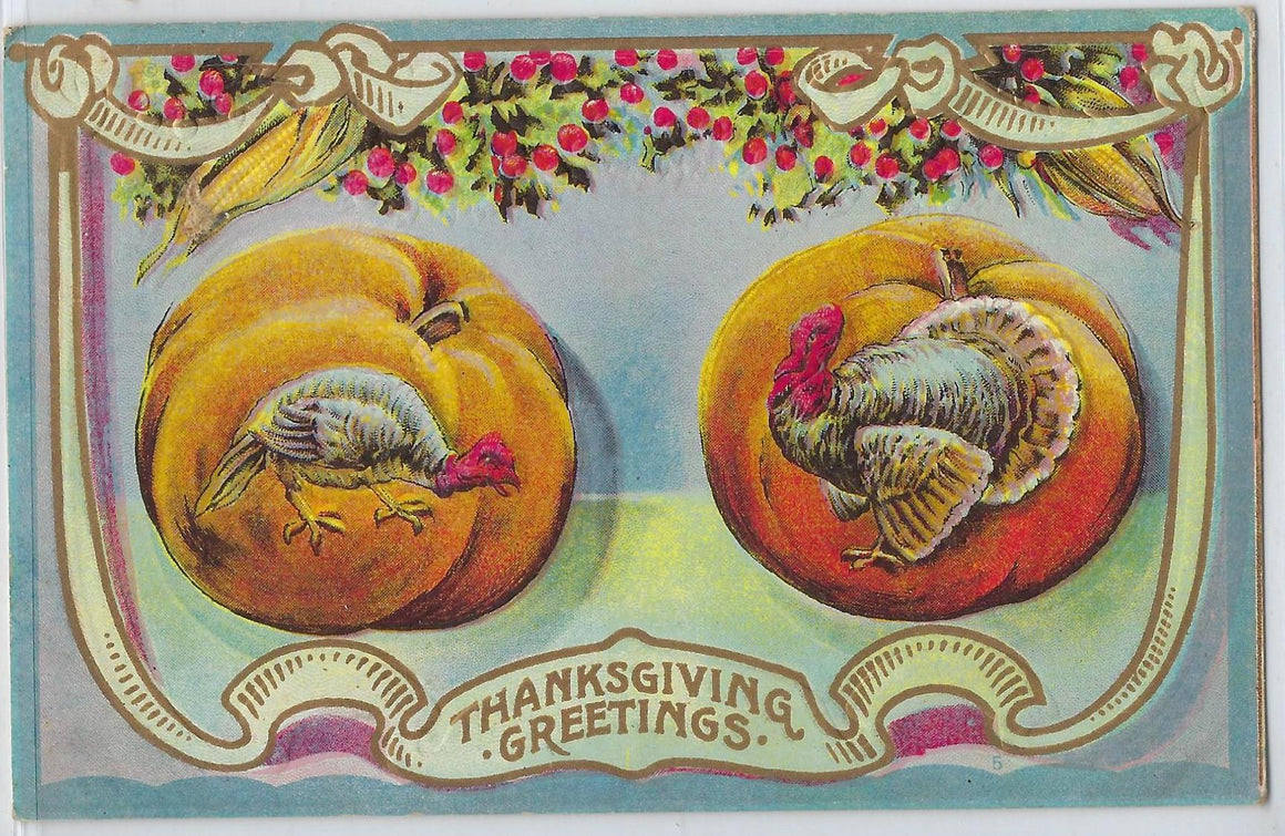 Thanksgiving Postcard White Turkeys Inside Giant Pumpkins Gold Highlights Floral Trim Embossed Card
