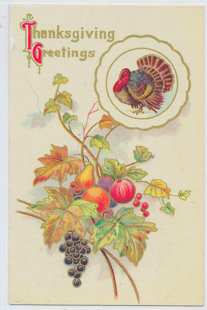 Thanksgiving Postcard Turkey with Autumn Harvest & Foliage Gold Embossed Gel Finish
