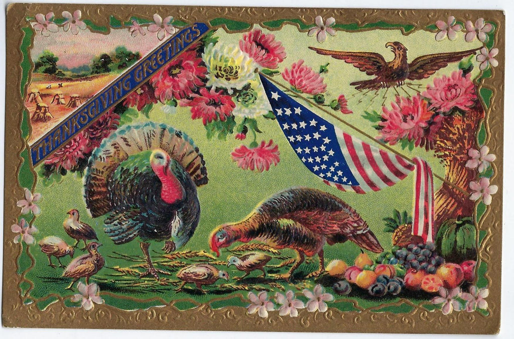 Antique German Thanksgiving Postcard 1910 Hofmann Embossed Turkeys with American Flag