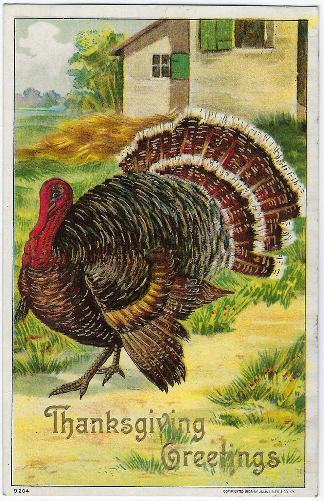Thanksgiving Postcard Turkey In Yard Jules Bien Publishing Series 920