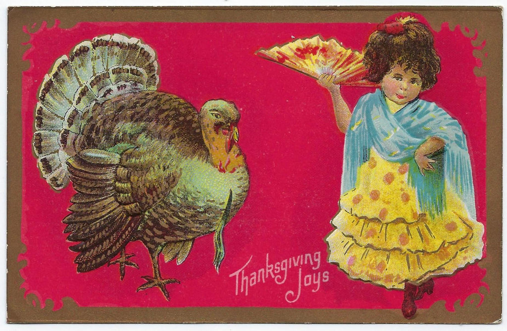 Thanksgiving Postcard Young Girl Dancing w/Turkey