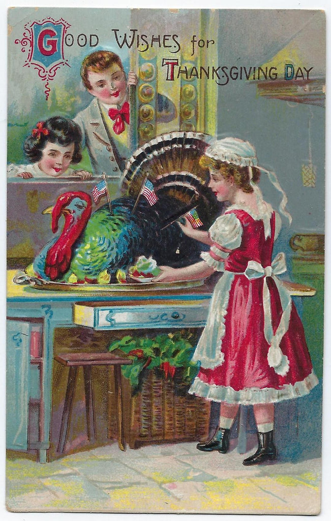 Thanksgiving Postcard Young Girl Preparing Turkey with American Flags Children Watch Through in Window