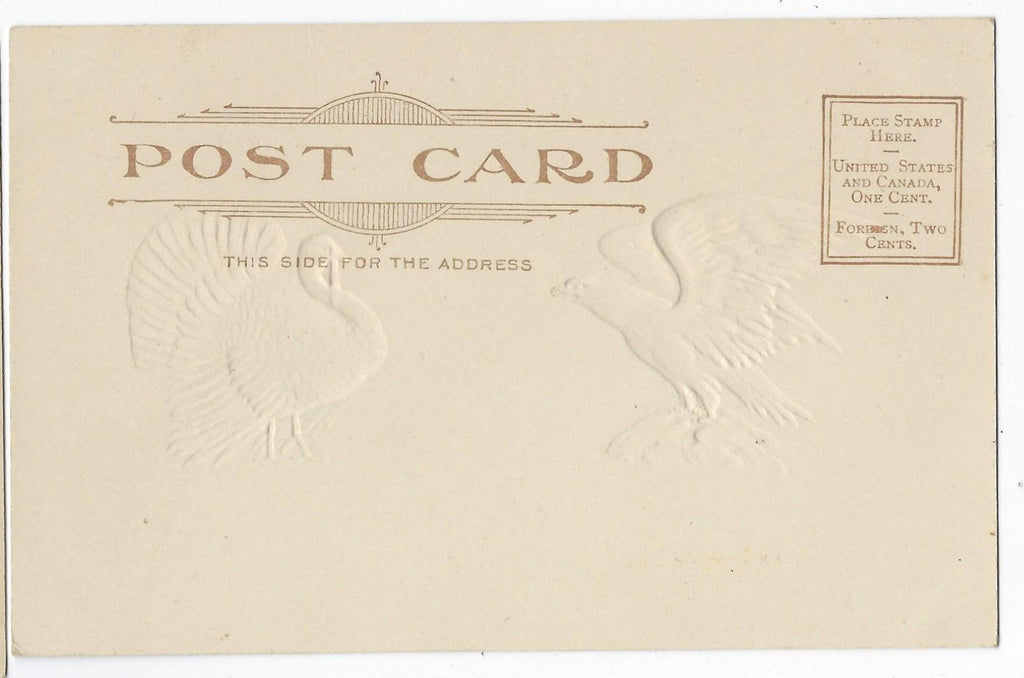 Thanksgiving Postcard Gold Embossed Turkey & Eagle Our National Birds Undivided Back