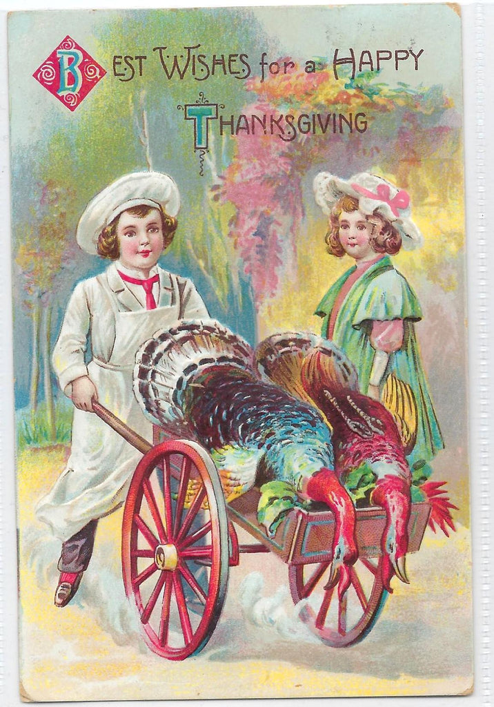 Thanksgiving Postcard Little Boy Butcher Pushing Cart of Turkeys with Little Girl Watching Series 830