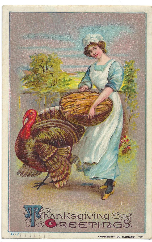 Thanksgiving Postcard Pilgrim Maiden Holding Basket Next to Giant Turkey Knopf Publishing