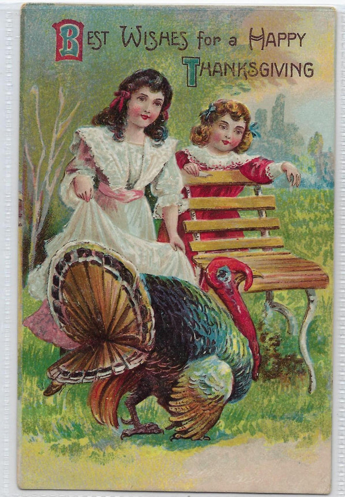 Thanksgiving Postcard Little Girls at Bench Watching Turkey Embossed Series 730
