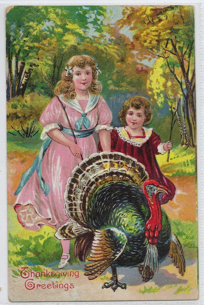 Thanksgiving Postcard Little Girls Following a Large Turkey Embossed Series 850