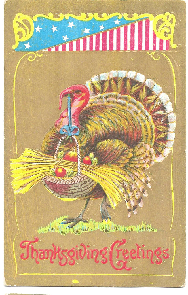 Thanksgiving Postcard Turkey Holding Basket of Wheat American Flag Shield Gold Background Series 303 G