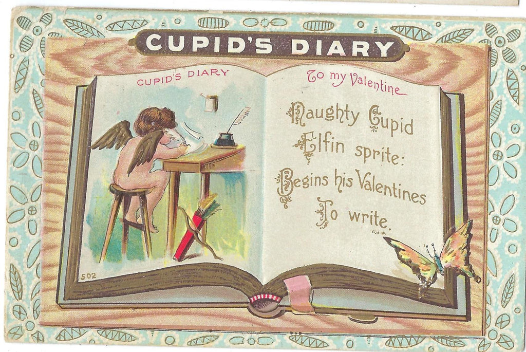 Valentine Postcard Gold Embossed Card Cupid's Diary Series 502 Printed in Germany