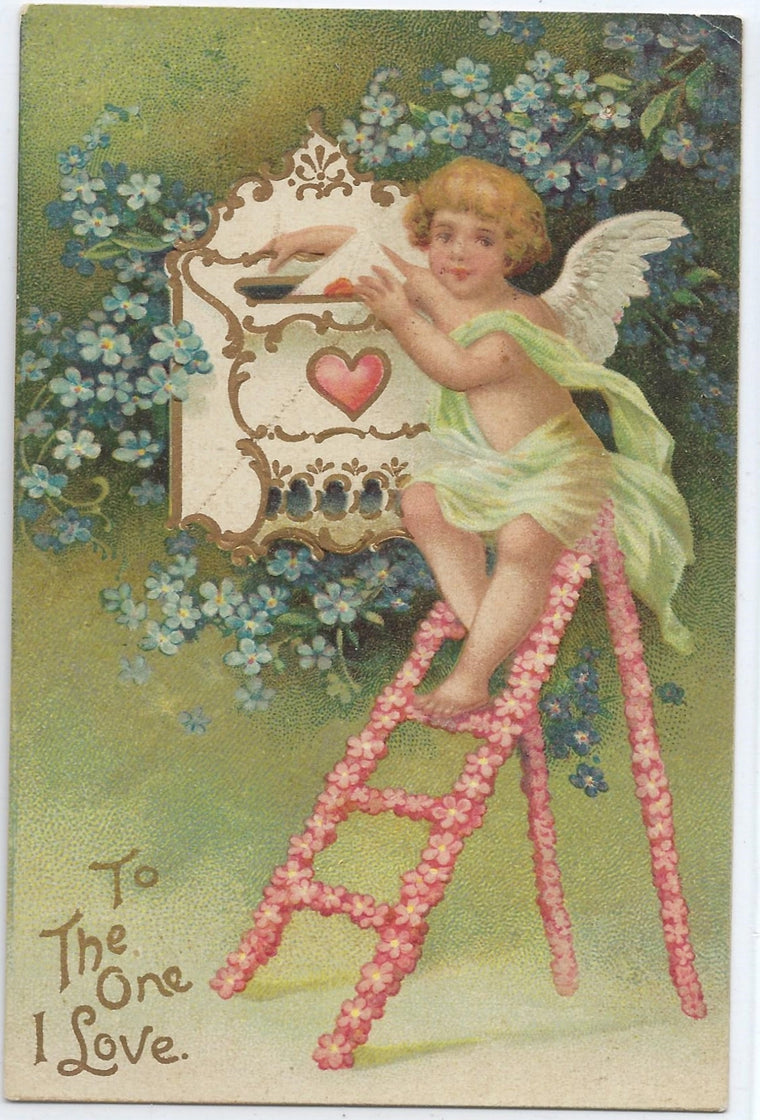 Valentine Postcard Embossed with Cupid Delivering to Mailbox Intl Art Publishing