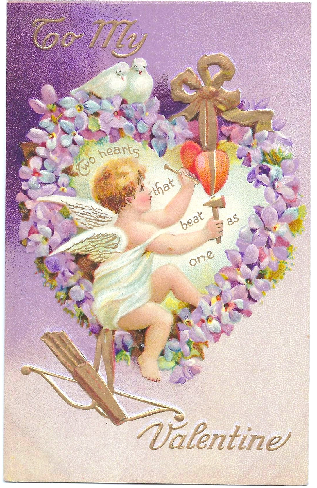 Valentine Postcard Cupid in Purple Series V.3. Gold Embossed Card