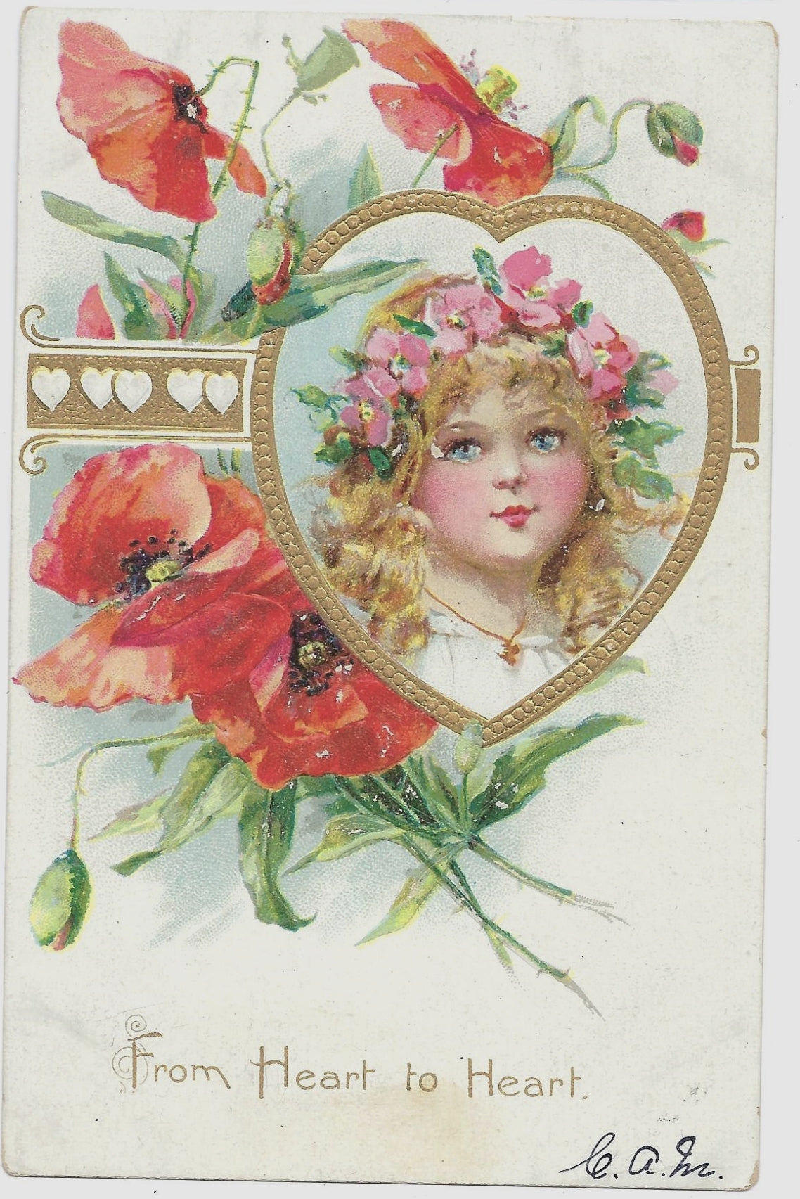 Valentine Postcard Artist Frances Brundage Little Girl in Orange Flowers 1907