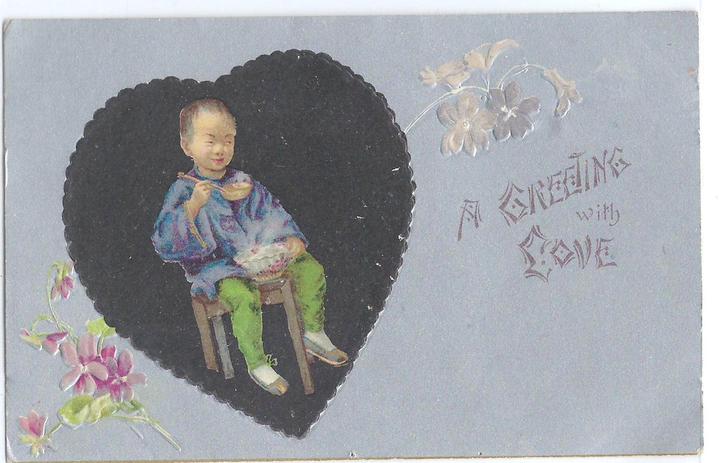 Valentine Postcard John Winsch Asian Child in Giant Heart Silver Embossing