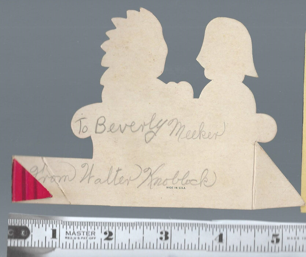 Vintage Valentine Card Miniature Die Cut Embossed Children in Costume Native American Boy Pirate Girl Exchanging Hearts