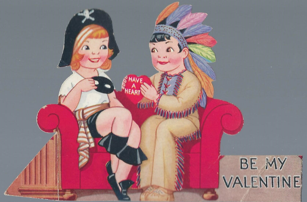Vintage Valentine Card Miniature Die Cut Embossed Children in Costume Native American Boy Pirate Girl Exchanging Hearts