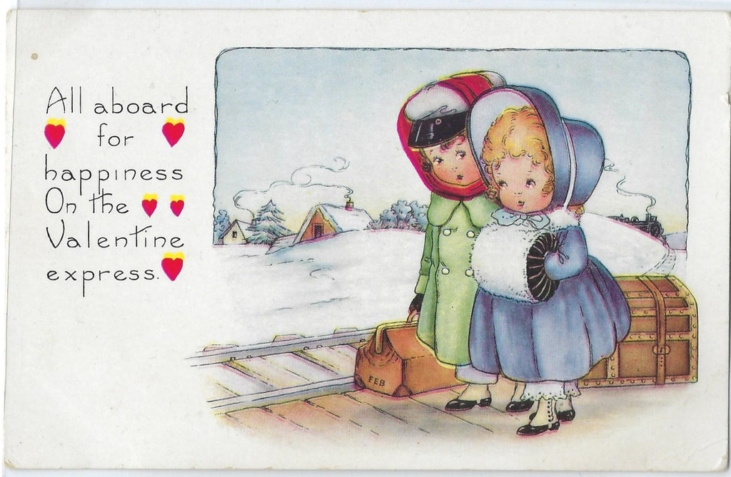 Valentine Postcard Whitney Publishing Two Small Girls Waiting for Train Next to Tracks in Winter