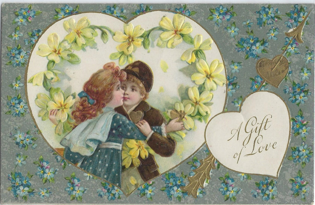 Valentine Postcard Winsch Publishing Kissing Couple Embossed Flowers