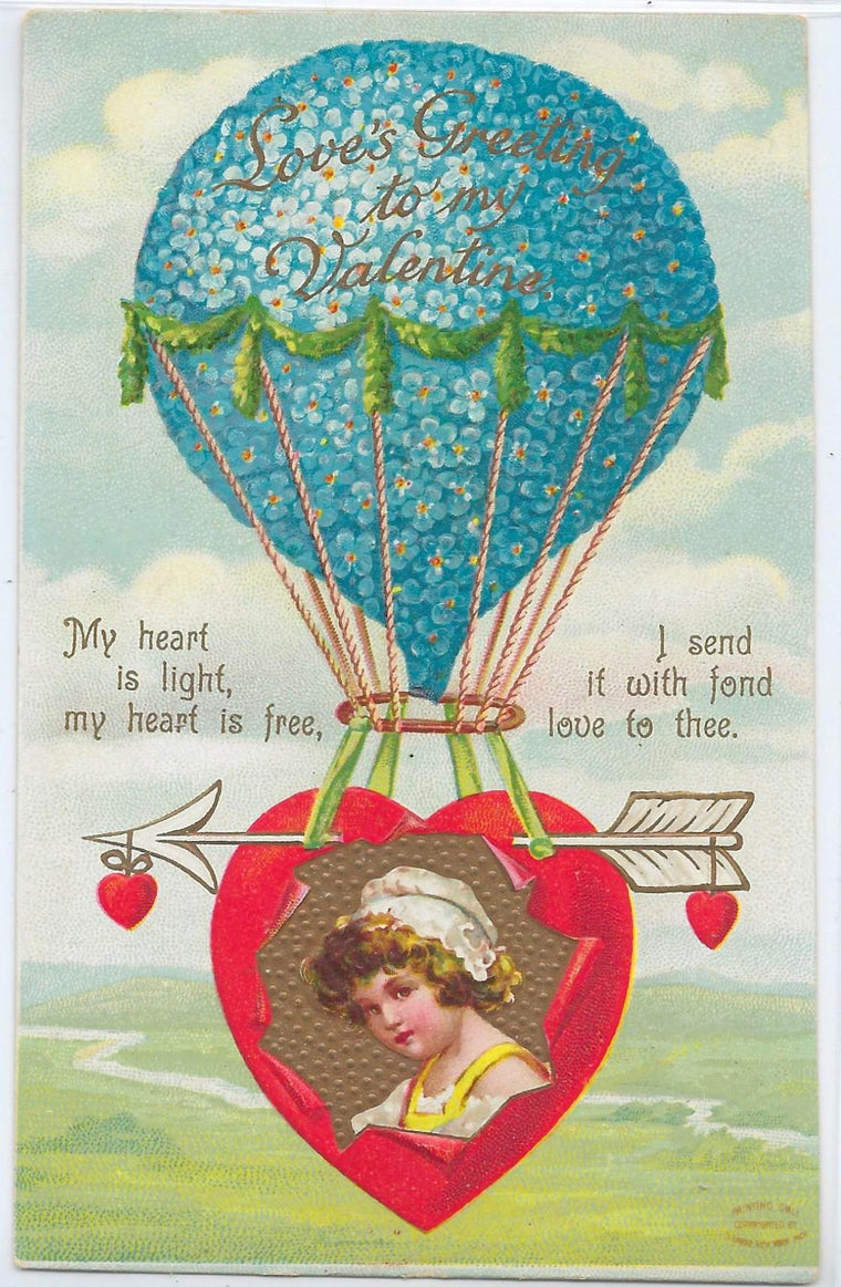 Valentine Postcard Gold Embossed Little Girl Portrait in Blue Flower Air Balloon Artist Ellen Clapsaddle Series 1039