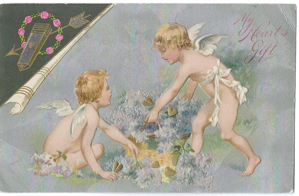 Valentine Postcard Embossed Card Cupids Gathering Flowers Silver Background John Winsch Publishing