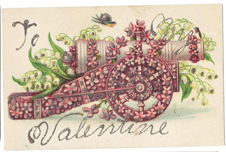 Valentine Postcard Cannon Covered in Flowers Valentine in Glitter Series 181 Germany