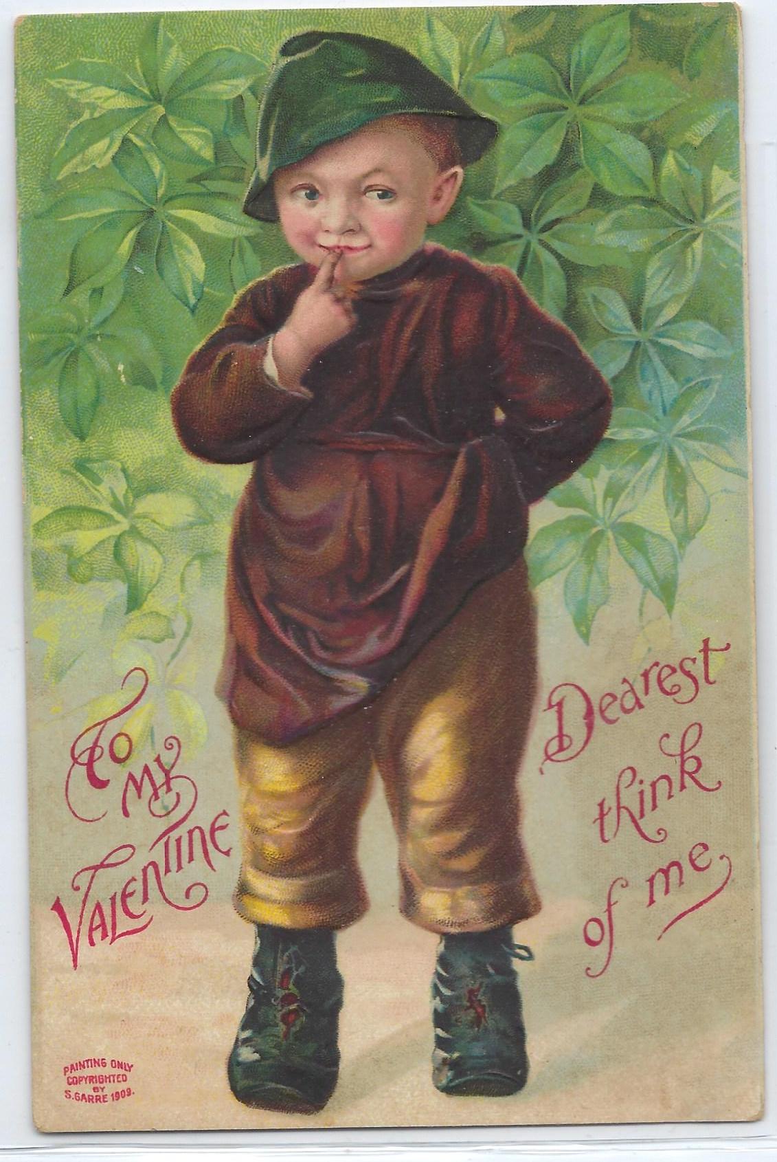 Embossed Valentine Postcard Young Boy Standing in Green Leaves Dearest Think of Me Garre Publishing 1909