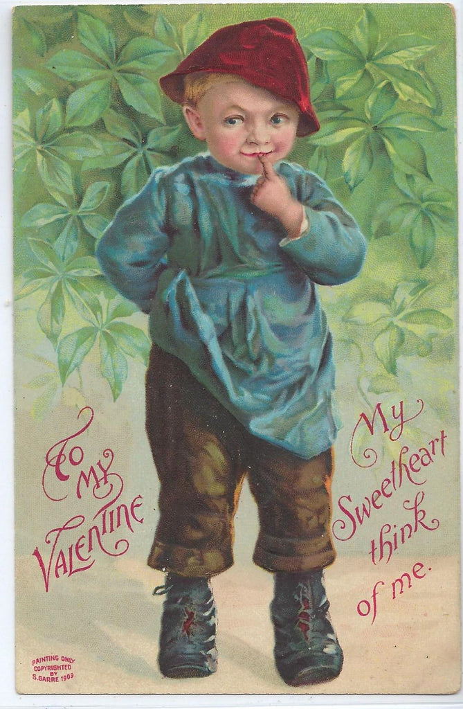 Embossed Valentine Postcard Young Boy Standing in Green Leaves My Sweetheart Think of Me Garre Publishing 1909