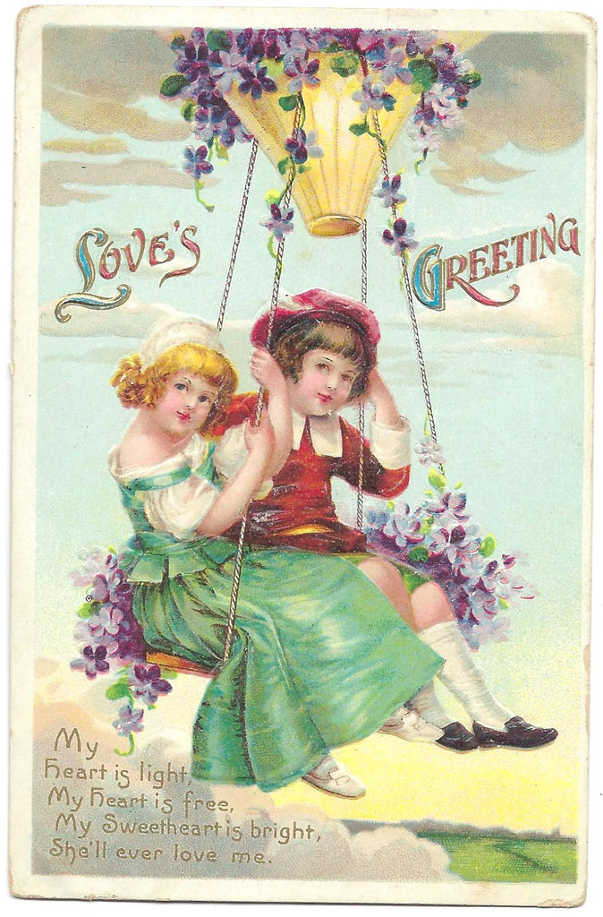 Valentine Postcard Embossed Children in Balloon of Flowers in Sky Artist Ellen Clapsaddle Printed in Germany