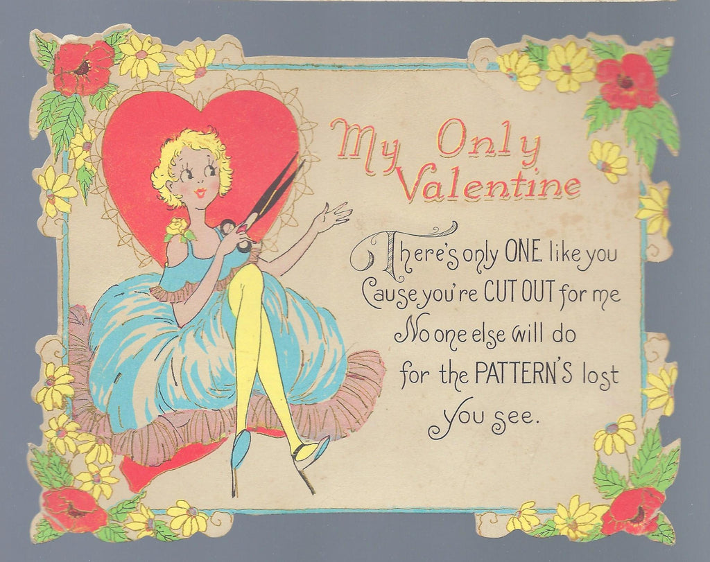 Vintage Valentine Card Die Cut Heavy Paper Stock Woman in Ball Gown Holding Scissors 1930s
